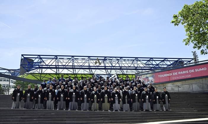 Sumo: Paris tournament Sumo wrestlers pose for a photo ahead of the opening of a two-day sumo tournament at Accor Arena in Paris on June 13, 2026.  A14AA0005618586P