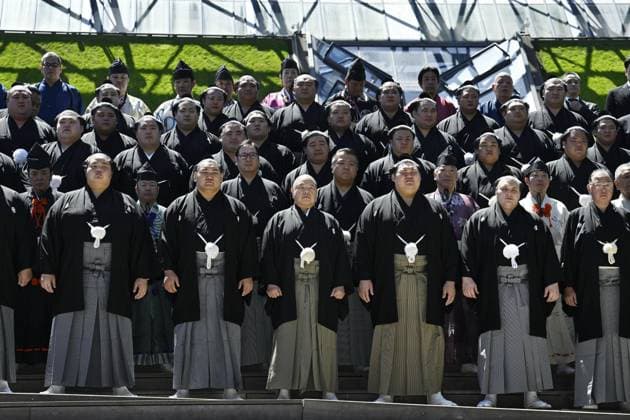 Sumo: Paris tournament Sumo wrestlers pose for a photo ahead of the opening of a two-day sumo tournament at Accor Arena in Paris on June 13, 2026.  A14AA0005618587P