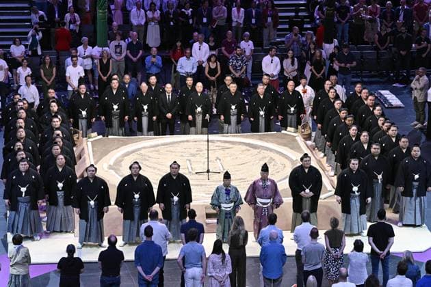 Sumo: Paris tournament Sumo wrestlers attend the opening ceremony of a two-day sumo tournament at Accor Arena in Paris on June 13, 2026.  A14AA0005618590P