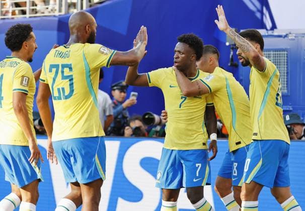 Football: 2026 World Cup Vinicius Junior (C) of Brazil celebrates with teammates after scoring in the first half of a World Cup Group C football match against Morocco at New York New Jersey Stadium in East Rutherford, New Jersey, on June 13, 2026.  A14AA0005618660P
