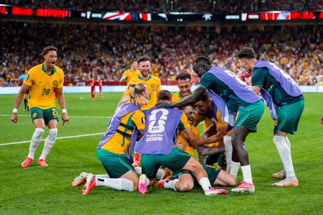 FIFA World Cup, WM, Weltmeisterschaft, Fussball 2026 - Group D - Australia vs Turkey Connor Metcalfe of Australia celebrates his goal with teammates in the second half during the FIFA World Cup 2026 group stage match Australia against Turkey, in Vancouver, Canada, 13 June 2026. VANCOUVER Canada  Copyright: xBOBxFRIDx