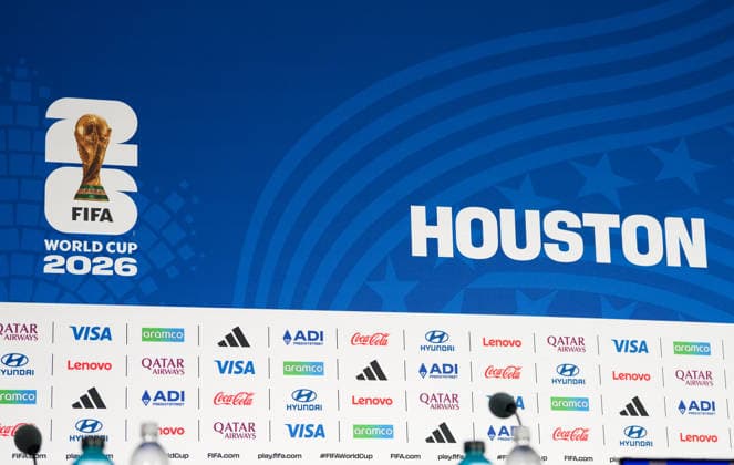 A view of the podium at Houston Stadium before the start of the press conference ahead of the group match between Germany and Curacao USA, German national soccer team, Press conference, Houston, 13 06 2026 USA, German national soccer team, Press conference, Houston, 13 06 2026 Houston Copyright: xEibner-Pressefoto ScottxColemanx EP_SCN