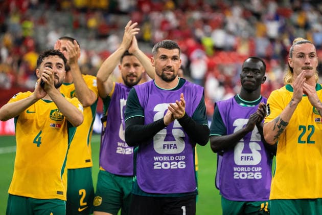 VANCOUVER, CANADA - JUNE 13: Jacob Italiano of Australia, Mathew Ryan of Australia and Jackson Irvine of Australia celebrate after winning the FIFA World Cup, WM, Weltmeisterschaft, Fussball 2026 group stage match between Australia and Turkey at BC Place Stadium on June 13, 2026 in Vancouver, British Columbia, Canada.  Copyright: xAmyxElle SPPx Sportspressphoto_SPR166162