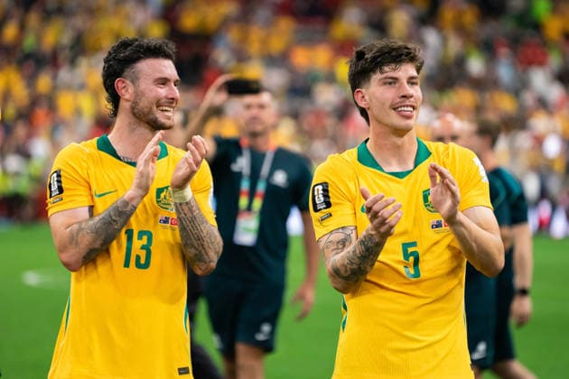 VANCOUVER, CANADA - JUNE 13: Aiden O Neill of Australia and Jordan Bos of Australia celebrate after winning the FIFA World Cup, WM, Weltmeisterschaft, Fussball 2026 group stage match between Australia and Turkey at BC Place Stadium on June 13, 2026 in Vancouver, British Columbia, Canada.  Copyright: xAmyxElle SPPx Sportspressphoto_SPR166167