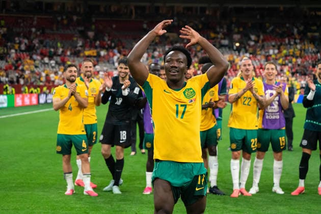 VANCOUVER, CANADA - JUNE 13: Nestory Irankunda of Australia celebrates after winning the FIFA World Cup, WM, Weltmeisterschaft, Fussball 2026 group stage match between Australia and Turkey at BC Place Stadium on June 13, 2026 in Vancouver, British Columbia, Canada.  Copyright: xAmyxElle SPPx Sportspressphoto_SPR166170