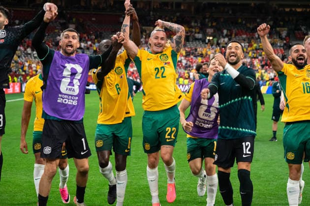 VANCOUVER, CANADA - JUNE 13: Team Australia jumps and celebrates after winning the FIFA World Cup, WM, Weltmeisterschaft, Fussball 2026 group stage match between Australia and Turkey at BC Place Stadium on June 13, 2026 in Vancouver, British Columbia, Canada.  Copyright: xAmyxElle SPPx Sportspressphoto_SPR166172