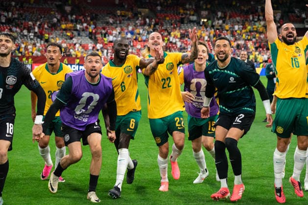 VANCOUVER, CANADA - JUNE 13: Team Australia jumps and celebrates after winning the FIFA World Cup, WM, Weltmeisterschaft, Fussball 2026 group stage match between Australia and Turkey at BC Place Stadium on June 13, 2026 in Vancouver, British Columbia, Canada.  Copyright: xAmyxElle SPPx Sportspressphoto_SPR166173