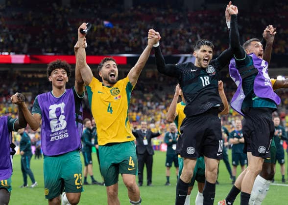 June 13, 2026, Vancouver, British Columbia, Canada: (L-R) Lucas Herrington 25, Jacob Italiano 4, Patrick Beach 18 and Mathew Ryan 1 of Australia celebrate after the team s victory in the FIFA World Cup, WM, Weltmeisterschaft, Fussball 2026 Group D match between Australia and Turkey at BC Place Vancouver. Vancouver Canada - ZUMAc132 20260613_fap_c132_005 Copyright: xAndrewxChinx