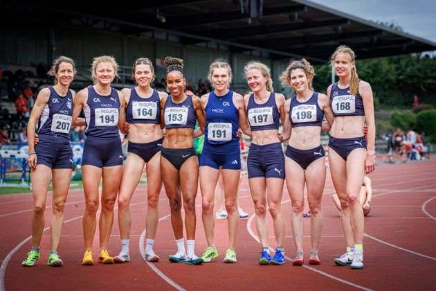 North Rhine Championships 2026 Mönchengladbach, 14 06 2026 The 1 500m runners from Cologne Athletics from l to r Saskia Stemmler Cologne Athletics Fiona Proba, Berit Janowitz, Natalie Füllgraf, Vera Petrykowski, Carla Schiffer, Sarah Schmitz, Amelie Klug North Rhine Championships 2026 on 14 06 2026 in the Grenzlandstadion, Mönchengladbach North Rhine Westphalia Copyright: xBEAUTIFULxSPORTS B.Hoffmannx
