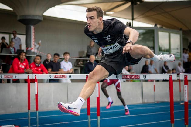 MANNHEIM, GERMANY - JUNE 14, 2026 : Sven Rymann (SUI Switzerland) competing in the 110m hurdles U20 during the Juniorengala 2026 at Michael-Hoffmann-Stadion on June 14, 2026 in Mannheim, Germany. Baden-Wuerttemberg Germany Copyright: xAxelxKohringx