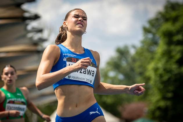 MANNHEIM, GERMANY - JUNE 14, 2026 : Shira Kurzawa (GER LAC Erdgas Chemnitz) reacts on the finish line in the 100m hurdles U20 during the Juniorengala 2026 at Michael-Hoffmann-Stadion on June 14, 2026 in Mannheim, Germany. Baden-Wuerttemberg Germany Copyright: xAxelxKohringx