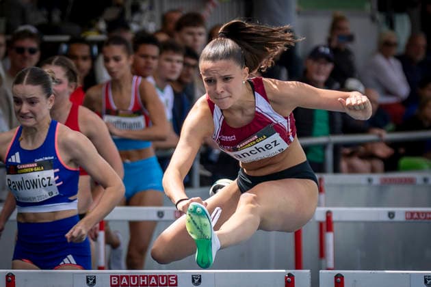 MANNHEIM, GERMANY - JUNE 14, 2026 : Jil Sanchez (SUI Switzerland) competing in the 100m hurdles U20 during the Juniorengala 2026 at Michael-Hoffmann-Stadion on June 14, 2026 in Mannheim, Germany. Baden-Wuerttemberg Germany Copyright: xAxelxKohringx