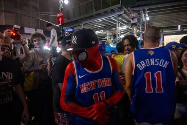 RECORD DATE NOT STATED New York Knicks Fans Celebrate Knicks Championship (NEW) New York Knicks Fans Celebrate Knicks Championship. June 14, 2026, New York, New York, USA: A Knicks fan dressed as Spiderman celebrates after the New York Knicks defeated the San Antonio Spurs in Game 5 of the NBA, Basketball Herren, USA Finals to win the series on June 14, 2026 in New York City. The Knicks won the NBA Championship for the first time since 1973, for the third time in franchise history. (Credit: M10s TheNews2)(Foto: M10S Thenews2 imago images) SPO  Copyright: xM10sx
