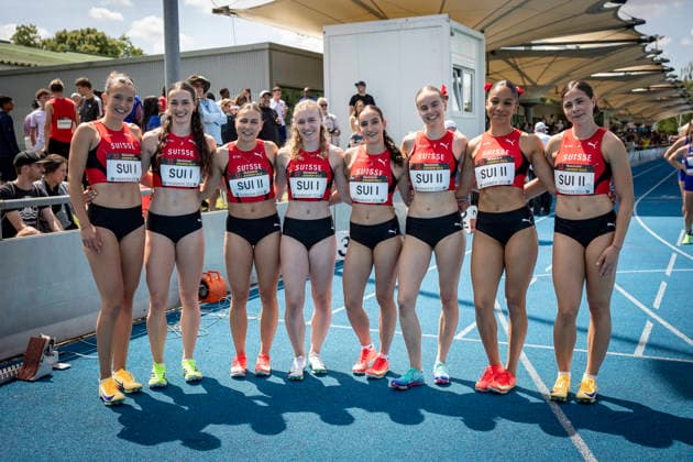 MANNHEIM, GERMANY - JUNE 14, 2026 : Team Suisse (SUI), Relay 1 & 2 (not in order: STETTLER, Carina (2008); BURI, Xenia (2008); TONAZZI, Milla (2007); SCHWITTER, Mara (2008), UMEGBOLU, Joy (2008); RANKL, Timea (2008); STADLER, Leana (2008); BISCHOFF, Lena (2007) after the 4x100m relays during the Juniorengala 2026 at Michael-Hoffmann-Stadion on June 14, 2026 in Mannheim, Germany. Baden-Wuerttemberg Germany Copyright: xAxelxKohringx