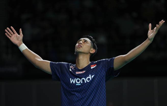 (260614) -- SYDNEY, June 14, 2026 -- Alwi Farhan of Indonesia celebrates after the men s singles final between Dong Tianyao of China and Alwi Farhan of Indonesia at the Australian Badminton Open 2026 in Sydney, Australia, June 14, 2026. ) (SP)AUSTRALIA-SYDNEY-BADMINTON-AUSTRALIAN OPEN-MEN S SINGLES-FINAL GongxBing 