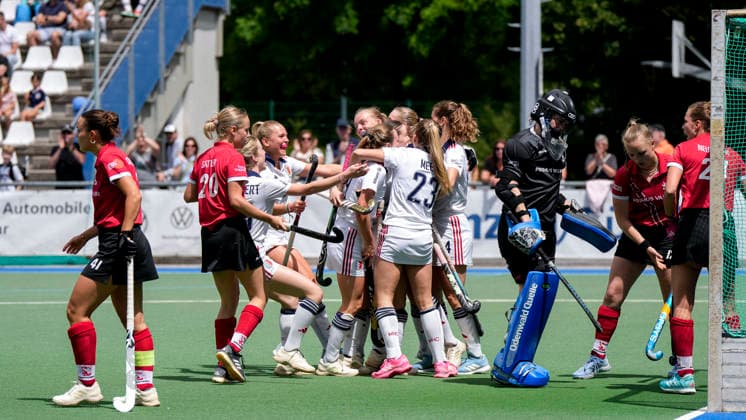Players of Feudenheimer HC, celebrate the goal, celebrate the goal, goal, celebration, cheer, cheers about the goal, joy, joy, optimistic, positive, game scene, highlight, action, 14 06 2026, Mannheim Germany , Hockey, 2 Bundesliga Group South, Women, Feudenheimer HC TSV Mannheim xozx