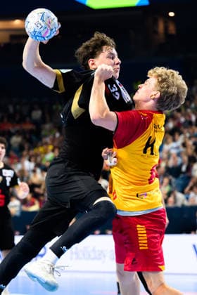 Cologne, Germany Handball EHF Youth Club Trophy Final Fuechse Berlin GOG Maxime Brodier Berlin , Knud Larsen GOG Cologne Lanxess Arena Nordrhein Westfalen Germany
