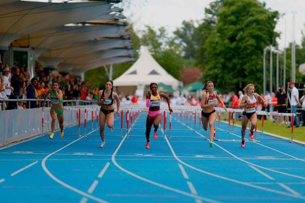 Ndasi Daryl Munich Athletics leads the field in the 100 meter hurdles, flanked by Sereina Liem Switzerland , Jil Sanchez Switzerland and Laura Frli ková Slovakia The race takes place at the Michael Hoffmann Stadium in Mannheim in front of a packed grandstand Ndasi Daryl, Sereina Liem, Laura Frli ková and Jil Sanchez in the 10H final Copyright: xspeedshotx