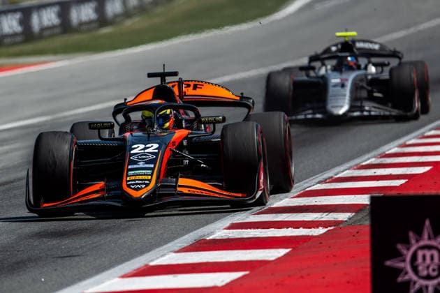 AUTO - FORMULA 2 2026 - BARCELONA 22 VARRONE Nicolas (arg), Van Amersfoort Racing, Dallara F2 2024, action 04 HERTA Colton (usa), Hitech TGR, Dallara F2 2024, action during the 5th round of the 2026 FIA Formula 2 Championship from June 12 to 14, 2026 on the Circuit de Barcelona-Catalunya, in Montmelo, Spain - MontmeloSpain  Copyright: xALBERTOxVIMERCATIx