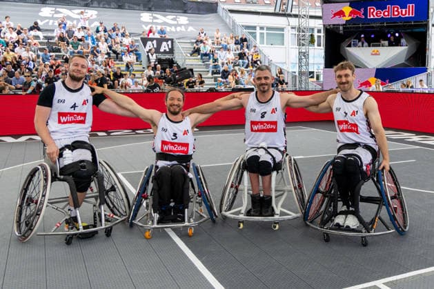 BASKETBALL - FIBA 3x3 World Tour VIENNA,AUSTRIA,14.JUN.26 - BASKETBALL - FIBA 3x3 World Tour. Image shows Hubert Hager, Alexander Suppan, Mehmet Hayirli and Samuel Pfurtscheller (AUT).  GEPAxpictures xPhilippxBrem