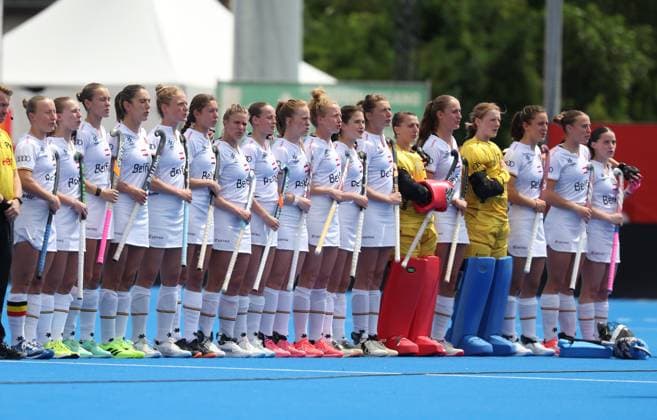 Belgium s players pictured at the start of a hockey game between Belgian national team, Nationalteam Red Panthers and Argentina, Sunday 14 June 2026 in Wavre, match 9 16 in the group stage of the women s FIH Pro League competition. VIRGINIExLEFOUR  x177611888x