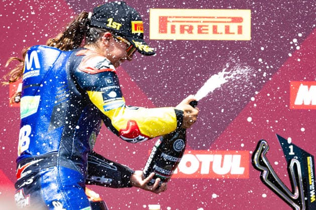 IPA85677444 - Maria Herrera (ESP) celebrates on the podium – SUPERBIKE Pirelli Emilia Romagna Round. At the Misano World Circuit Marco Simoncelli in Misano Adriatico, RN, Italy. On June 14, 2026.  Copyright: xRiccardoxSpadettoxDexPaulis IPAxSportx xx 85677444