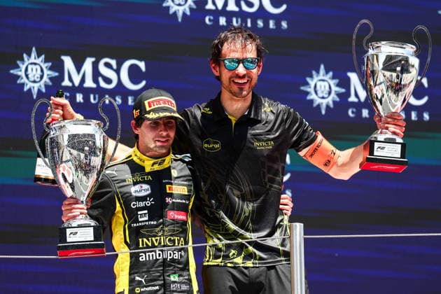 Race winner Rafael Camara of Brazil and Invicta Racing 1 and Pau Rivera, Engineer at Invicta Racing celebrate on the podium during the Round 5 Barcelona Feature race of the Formula 2 Championship , Race, F1 Grand Prix of Barcelona Catalunya, am 14 June 2026 in Barcelona, Spain Photo by Diogo Cardoso DeFodi Images Race winner Rafael Camara of Brazil and Invicta Racing 1 and Pau Rivera, Engineer at Invicta Racing celebrate on the podium during the Round 5 Barcelona Feature race of the Formula 2 Championship , Race, F1 Grand Prix of Barcelona Catalunya, Circuit de Barcelona Catalunya on June 14, 2026 in Barcelona, Spain Photo by Diogo Cardoso DeFodi Images