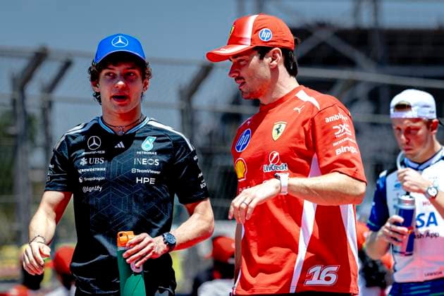 BARCELONA Formula 1 driver Kimi Antonelli of Mercedes AMG Petronas Formula One Team, Formula 1 driver Charles Leclerc of Scuderia Ferrari HP during the Formula 1 Spain Catalonia at the Circuit de Barcelona Catalunya on 14 June 2026 in Barcelona, Spain Photo by DeFodi Images