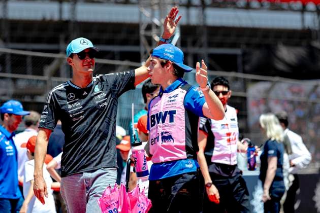 BARCELONA Formula 1 driver George Russell of Mercedes AMG Petronas Formula One Team, Formula 1 driver Franco Colapinto of BWT Alpine F1 Team during the Formula 1 Spain Catalonia at the Circuit de Barcelona Catalunya on June 14, 2026 in Barcelona, Spain Photo by DeFodi Images