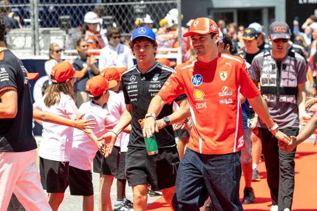 RECORD DATE NOT STATED 14th June 2026: Circuit de Barcelona-Catalunya, Barcelona, Spain; Formula One Barcelona Catalunya Grand Prix, Race Day; Scuderia Ferrari HP driver Charles Leclerc of Monaco, Mercedes-AMG PETRONAS Formula One Team driver Kimi Antonelli of Italy during the drivers parade StephenxBlackberry