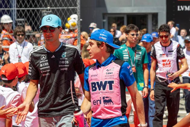 RECORD DATE NOT STATED 14th June 2026: Circuit de Barcelona-Catalunya, Barcelona, Spain; Formula One Barcelona Catalunya Grand Prix, Race Day; Mercedes-AMG PETRONAS Formula One Team driver George Russell of Great Britain, BWT Alpine Formula One Team driver Franco Colapinto of Argentina during the drivers parade StephenxBlackberry