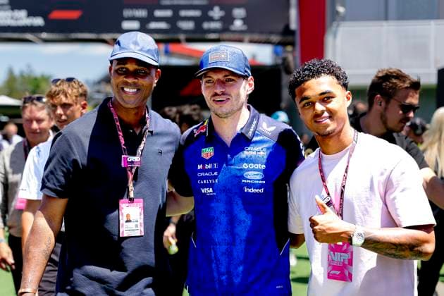 BARCELONA Patrick Kluivert, Shane Kluivert and Formula 1 driver Max Verstappen of Oracle Red Bull Racing during the Formula 1 Spain Catalonia at the Circuit de Barcelona Catalunya on June 14, 2026 in Barcelona, Spain Photo by DeFodi Images