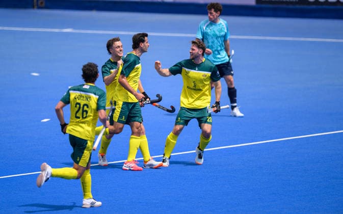 England Men v Australia Men Men s FIH Pro League Nathan Ephraums of Australia Men celebrates scoring on his 100th appearance for Australia during the Men s FIH Pro League match against England at Lee Valley Hockey Tennis Centre, Stratford 14 06 2026 UK Newspapers OUT Copyright: xGraemexWilcocksonx FIL-23554-0014