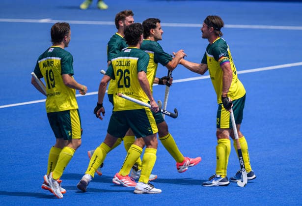 England Men v Australia Men Men s FIH Pro League Nathan Ephraums of Australia Men celebrates scoring on his 100th appearance for Australia during the Men s FIH Pro League match against England at Lee Valley Hockey Tennis Centre, Stratford 14 06 2026 UK Newspapers OUT Copyright: xGraemexWilcocksonx FIL-23554-0015