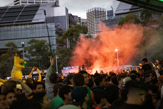 WORLD CUP LIVE SITE, A flare is set off during the FIFA World Cup, WM, Weltmeisterschaft, Fussball Group D Australia versus Tu?rkiye match live site at Tumbalong Park in Sydney, Sunday, June 14, 2026. ( NO ARCHIVING SYDNEY NEW SOUTH WALES Australia  Copyright: xNADIRxKINANIx 20260614137229543215