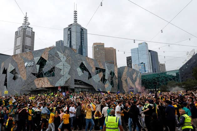 WORLD CUP LIVE SITE, Fans celebrate a goal scored by the Socceroos while watching the FIFA World Cup, WM, Weltmeisterschaft, Fussball Group D Australia versus TuÌˆrkiye match live site at Federation Square in Melbourne, Sunday, June 14, 2026. ( NO ARCHIVING Melbourne Victoria Australia  Copyright: xConxChronisx 20260614159614798300
