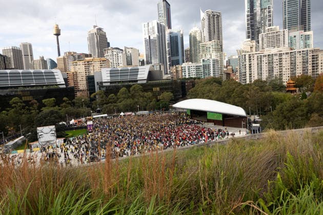 WORLD CUP LIVE SITE, Fans watch the FIFA World Cup, WM, Weltmeisterschaft, Fussball Group D Australia versus Tu?rkiye match live site at Tumbalong Park in Sydney, Sunday, June 14, 2026. ( NO ARCHIVING SYDNEY NEW SOUTH WALES Australia  Copyright: xNADIRxKINANIx 20260614166149865325