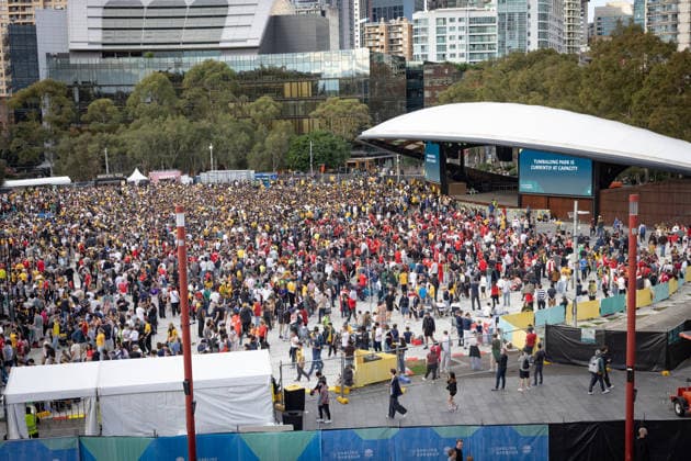 WORLD CUP LIVE SITE, Fans watch the FIFA World Cup, WM, Weltmeisterschaft, Fussball Group D Australia versus Tu?rkiye match live site at Tumbalong Park in Sydney, Sunday, June 14, 2026. ( NO ARCHIVING SYDNEY NEW SOUTH WALES Australia  Copyright: xNADIRxKINANIx 20260614166214571567