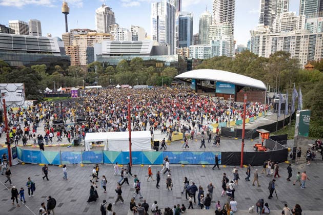WORLD CUP LIVE SITE, Fans watch the FIFA World Cup, WM, Weltmeisterschaft, Fussball Group D Australia versus Tu?rkiye match live site at Tumbalong Park in Sydney, Sunday, June 14, 2026. ( NO ARCHIVING SYDNEY NEW SOUTH WALES Australia  Copyright: xNADIRxKINANIx 20260614167168942029