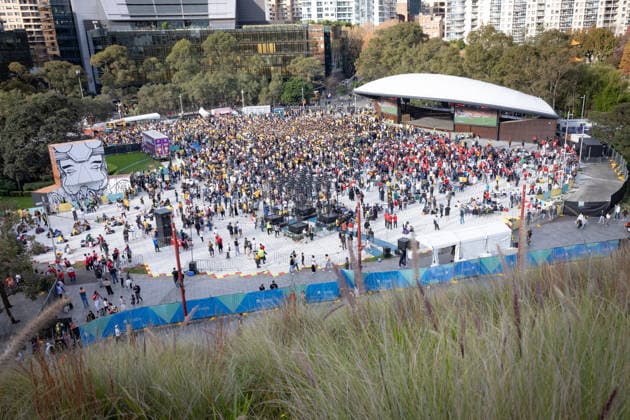 WORLD CUP LIVE SITE, Fans watch the FIFA World Cup, WM, Weltmeisterschaft, Fussball Group D Australia versus Tu?rkiye match live site at Tumbalong Park in Sydney, Sunday, June 14, 2026. ( NO ARCHIVING SYDNEY NEW SOUTH WALES Australia  Copyright: xNADIRxKINANIx 20260614177266084482