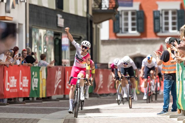 Crossing the finish line, winner of the Tour of the Dolomites Maximilian KUEN AUT Photo Eibner Pressefoto Groder Lienz  EP_gro
