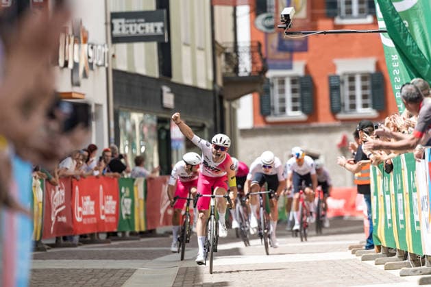 Crossing the finish line, winner of the Tour of the Dolomites Maximilian KUEN AUT Photo Eibner Pressefoto Groder Lienz  EP_gro