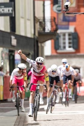 Crossing the finish line, winner of the Tour of the Dolomites Maximilian KUEN AUT Photo Eibner Pressefoto Groder Lienz  EP_gro