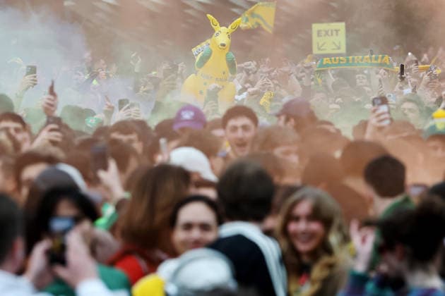 WORLD CUP LIVE SITE, Fans celebrate the Socceroos first goal scored while watching the FIFA World Cup, WM, Weltmeisterschaft, Fussball Group D Australia versus TuÌˆrkiye match live site at Federation Square in Melbourne, Sunday, June 14, 2026. ( NO ARCHIVING Melbourne Victoria Australia  Copyright: xConxChronisx 20260614193119186989