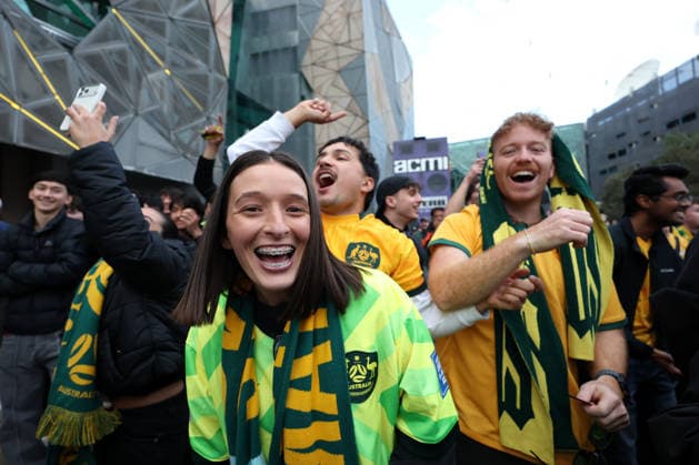 WORLD CUP LIVE SITE, Fans celebrate the Socceroos 2nd goal scored while watching the FIFA World Cup, WM, Weltmeisterschaft, Fussball Group D Australia versus TuÌˆrkiye match live site at Federation Square in Melbourne, Sunday, June 14, 2026. ( NO ARCHIVING Melbourne Victoria Australia  Copyright: xConxChronisx 20260614196663507306