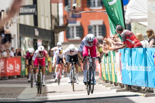Crossing the finish line, winner of the Tour of the Dolomites Maximilian KUEN AUT Photo Eibner Pressefoto Groder Lienz  EP_gro
