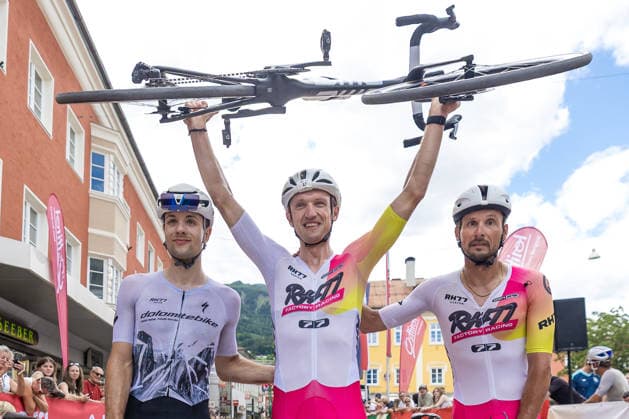 from left Jan KATTANEK AUT, 2nd place, winner of the Tour of the Dolomites Maximilian KUEN AUT , Johnny HOOGERLAND NED, 3rd place Photo Eibner Pressefoto Groder Lienz  EP_gro