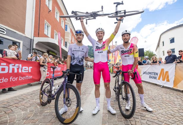 from left Jan KATTANEK AUT, 2nd place, winner of the Tour of the Dolomites Maximilian KUEN AUT , Johnny HOOGERLAND NED, 3rd place Photo Eibner Pressefoto Groder Lienz  EP_gro