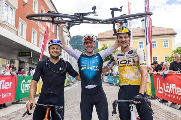 from left Daniel FEDERSPIEL AUT, 2nd place , winner Supergiro Dolomiti, Miguel BRUGGER AUT , David SCHÖGGL AUT, 3rd place , 3rd placed David SCHÖGGL AUT Photo Eibner Pressefoto Groder Lienz  EP_gro