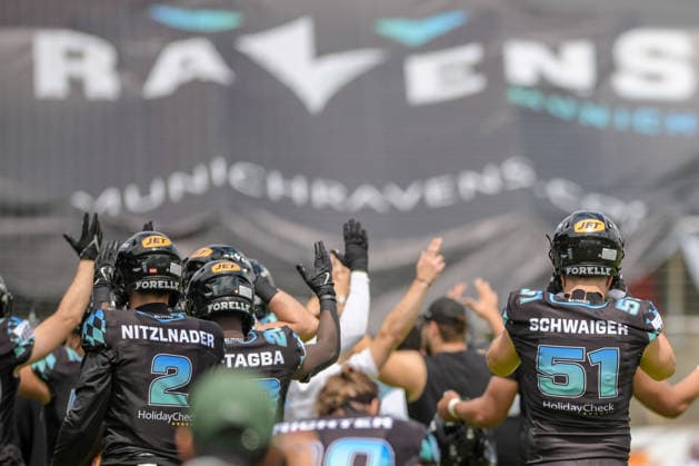 Celebration for touchdown of Louis Geyer (Munich Ravens, 07), Munich Ravens vs Prague Lions, American Football, European Football Alliance, Week 5, 2026, 14.06.2026, Unterhaching uhlsport Sportpark Germany Copyright: xFootxBowlxPressexFotoxAgentur JUx